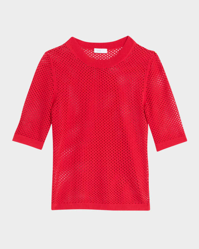 Crop-Sleeve Mesh Knit Sweater